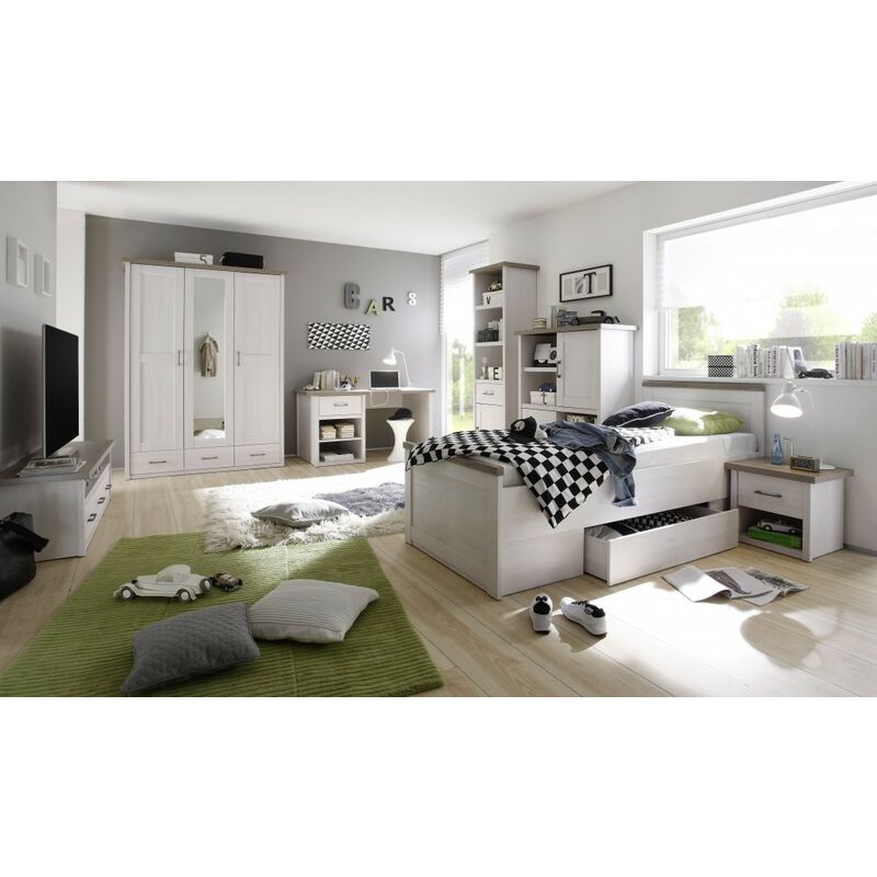 Möbel-direkt - Jugendzimmer Luca in Pinie Weiß Trüffel 7 teiliges Komplett Set mit Kleiderschrank 90x200 Jugendbett Nachttisch Schreibtisch