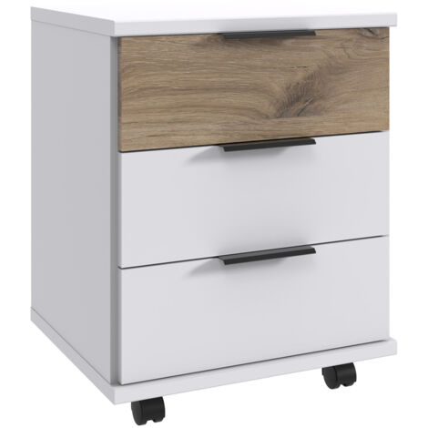 Jugendzimmer-Rollcontainer 46 cm breit in weiß mit Eiche, mit 3 Schubladen NOLI-43