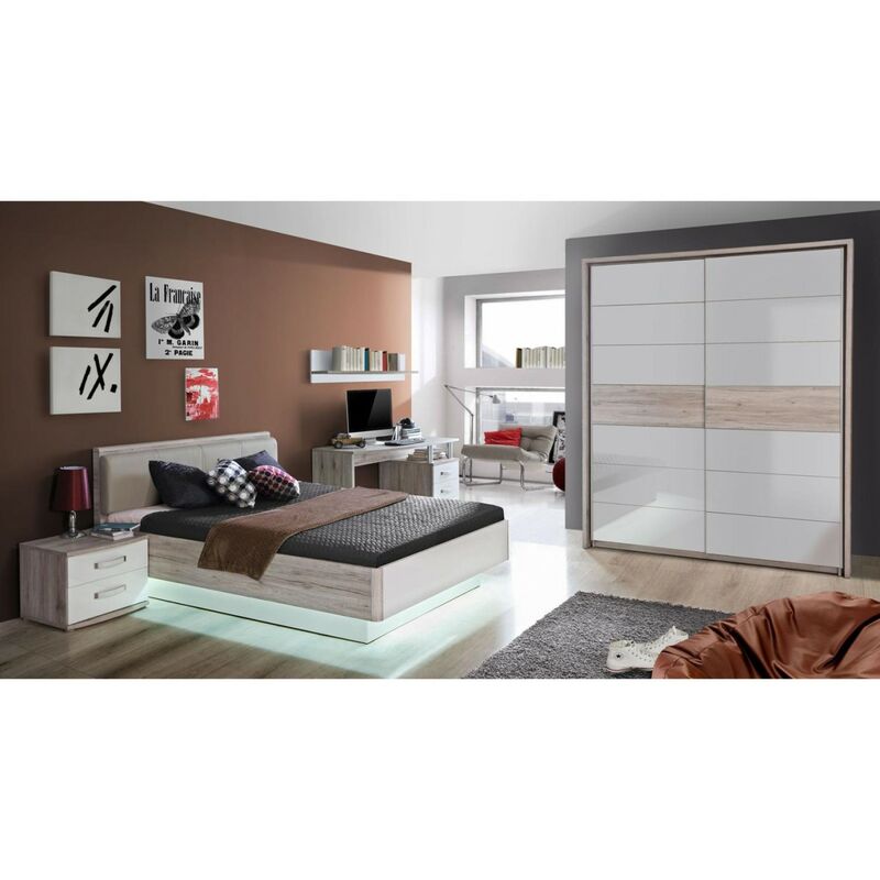 Jugendzimmer Rondino in Sandeiche und Weiß hochglanz 4 teiliges Komplett Set mit Schwebtürenschrank Kleiderschrank 140x200 Jugendbett Nachttisch