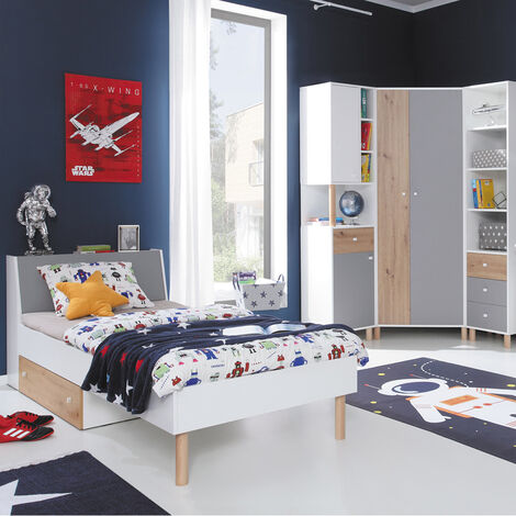 Jugendzimmer Set 4-teilig FAIRFAX-133 mit Jugendbett 90x200cm in weiß mit Eiche und grau