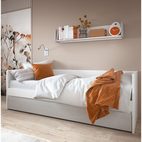 Jugendzimmer Set Bett 90x200 cm mit Bettschublade, Wandboard, weiß, grau FLINT-129 2-teilig
