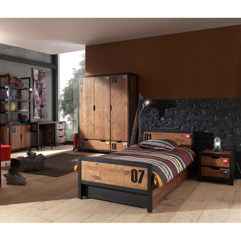 Jugendzimmer Set massiv cognacfarbig Nachtkonsole, 90x200cm Einzelbett, Bettschublade, Schreibtisch und Kleiderschrank 3-trg. CUSCO-12 B x H x T ca.