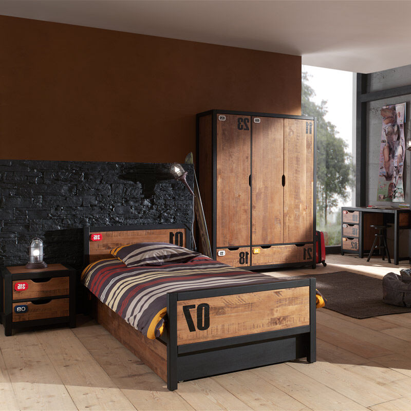 Jugendzimmer Set massiv CUSCO-12 Nachtkonsole, Einzelbett, Bettschublade, Schreibtisch und Kleiderschrank 3-trg., cognacfarbig, schwarz, B x H x T