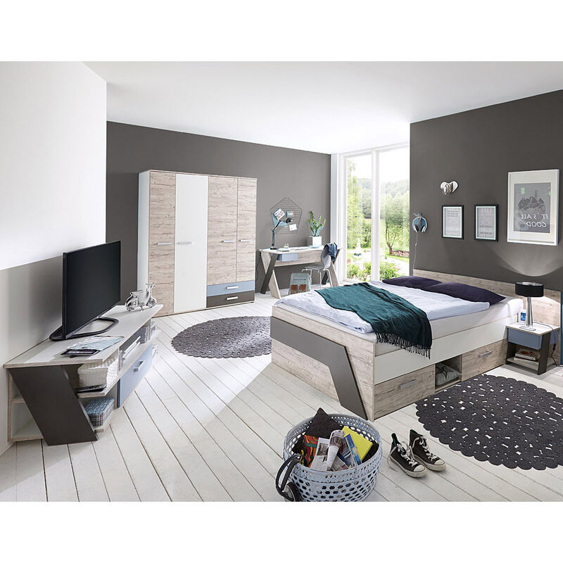 Lomadox - Jugendzimmer Set mit Bett 140x200 cm 5-teilig mit Kleiderschrank LEEDS-10 in Sandeiche Nb. mit weiß, Lava und Denim Blau
