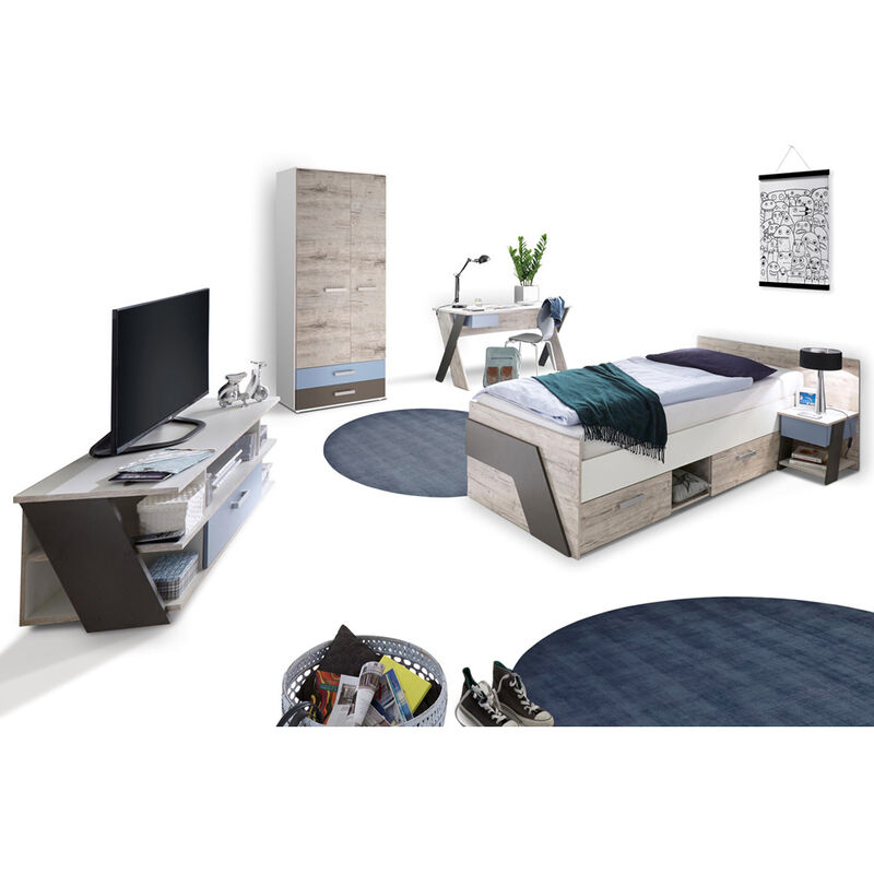 Jugendzimmer Set mit Bett 90x200 cm 5-teilig mit Kleiderschrank LEEDS-10 in Sandeiche Nachbildung mit weiß, Lava und Denim Blau