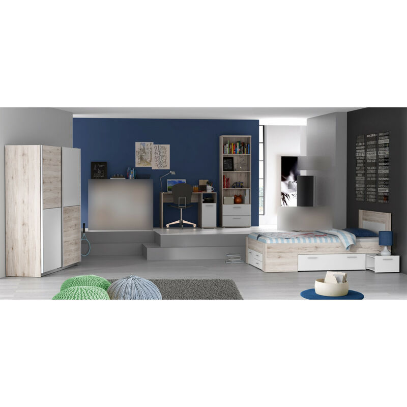 Jugendzimmer Steffie in Sandeiche Weiß 4 teiliges Komplett Set mit Schwebetürenschrank Kleiderschrank 140x200 Jugendbett Funktionsbett Schreibtisch