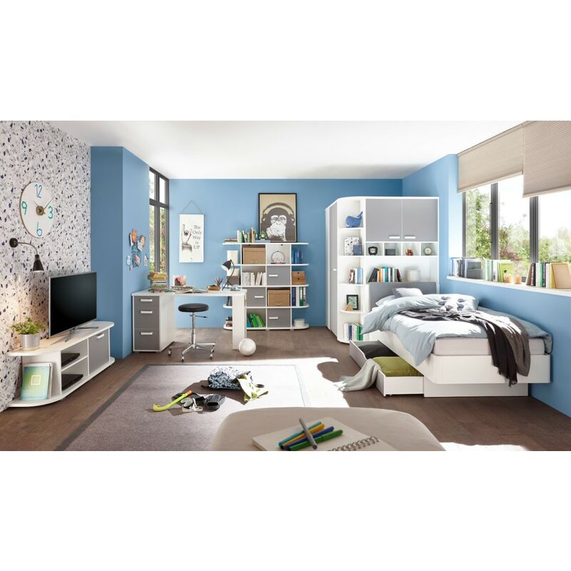 Jugendzimmer Yoris 5 teiliges Komplett Set von Begabino mit begehbaren Kleiderschrank, 90er Jugendbett, Schreibtisch, TV- Schrank und Regal