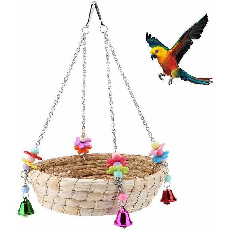 

Abcrital - Juguete para loros de aves, nido de pájaros de loros, columpio de cama de nido de paja tejido a mano natural con 4 campanas de metal,