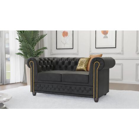 Jule - Chesterfield 2 sitzer Sofa aus Anthrazit Vintage Optik Microfaser mit Holzfüßen
