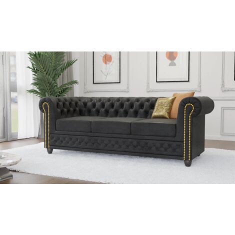 Jule - Chesterfield 3 sitzer Sofa mit Schlaffunktion aus Anthrazit Vintage Optik Microfaser mit Holzfüßen