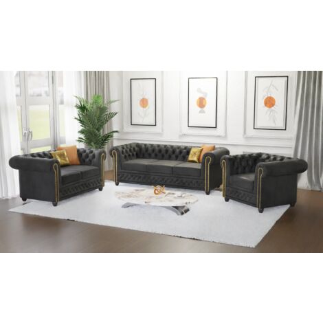 Jule - Chesterfield Polstergarnitur mit Schlaffunktion 3+2+1 aus Anthrazit Vintage Optik Microfaser mit Holzfüßen