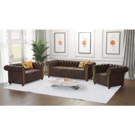 Jule - Chesterfield Polstergarnitur mit Schlaffunktion 3+2+1 aus Dunkelbraun Vintage Optik Microfaser mit Holzfüßen
