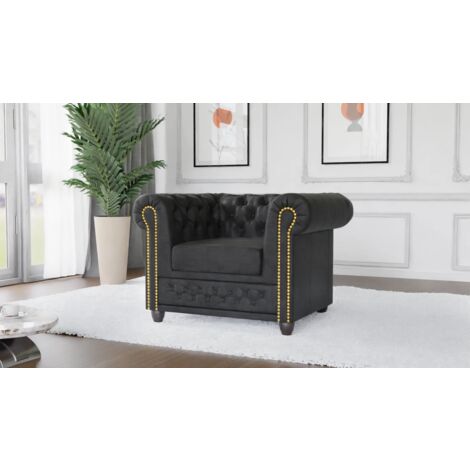 Jule - Chesterfield Sessel aus Anthrazit Vintage Optik Microfaser mit Holzfüßen