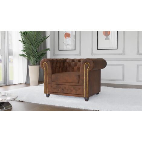 Jule - Chesterfield Sessel aus Braun Vintage Optik Microfaser mit Holzfüßen