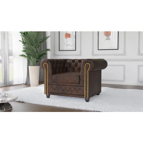 Jule - Chesterfield Sessel aus Dunkelbraun Vintage Optik Microfaser mit Holzfüßen