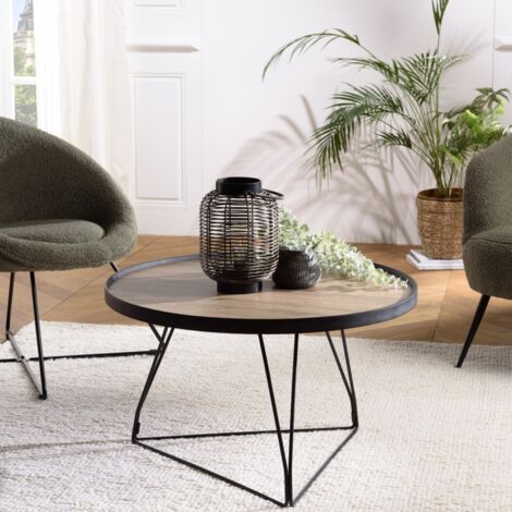 JULIA - Table basse ronde 70x70cm bois marron et pieds épingles noir