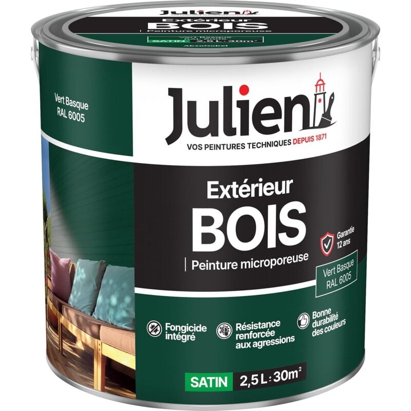 Julien Peinture Bois Microporeux Extérieur Satin - Portes, fenêtres, portails, mobilier de jardin - Vert Basque 2,5 L - Vert Basque