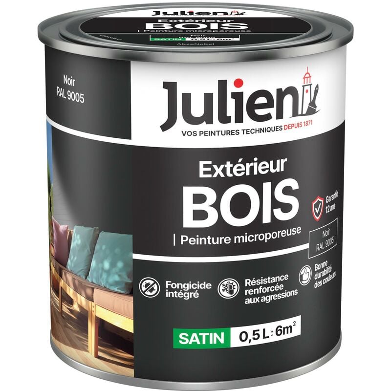 Julien Peinture Bois Microporeux Extérieur Satin - Portes, fenêtres, portails, mobilier de jardin - Noir 0,5 L