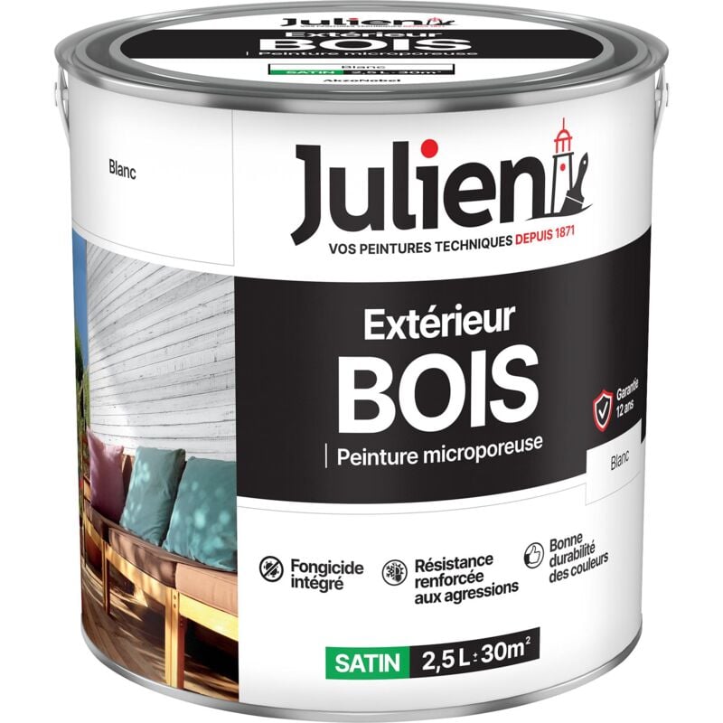 Julien Peinture Bois Microporeux Extérieur Satin - Portes, fenêtres, portails, mobilier de jardin - Blanc 2,5 L