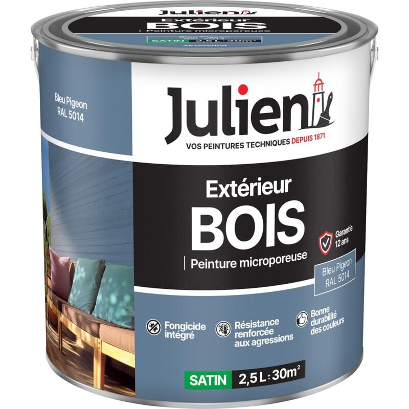 Peinture Bois Microporeux Extérieur Satin - Portes, fenêtres, portails, mobilier de jardin - Bleu Pigeon 2,5 l - Julien