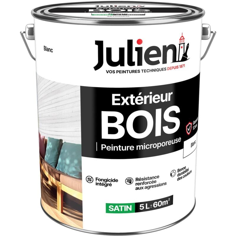Peinture Bois Microporeux Extérieur Satin - Portes, fenêtres, portails, mobilier de jardin - Blanc 5 l - Julien