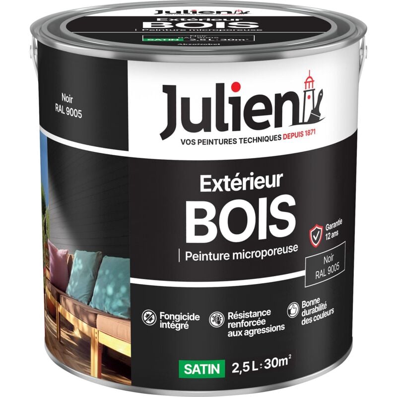 Peinture Bois Microporeux Extérieur Satin - Portes, fenêtres, portails, mobilier de jardin - Noir 2,5 l - Julien