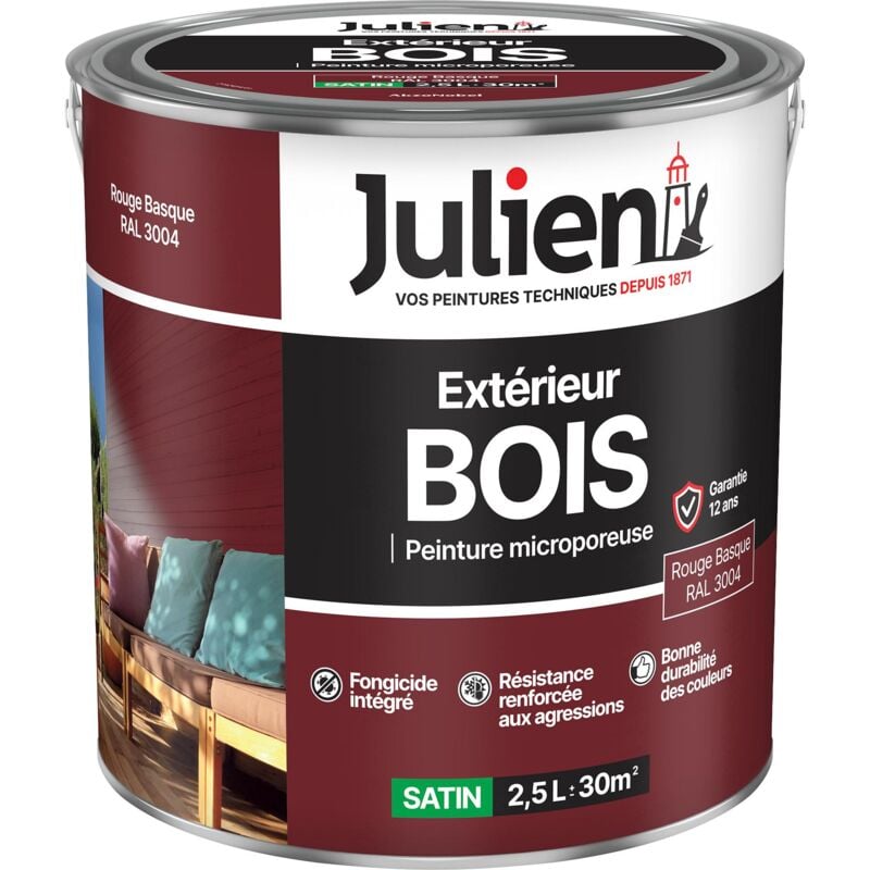 Peinture Bois Microporeux Extérieur Satin - Portes, fenêtres, portails, mobilier de jardin - Rouge Basque 2,5 l - Julien