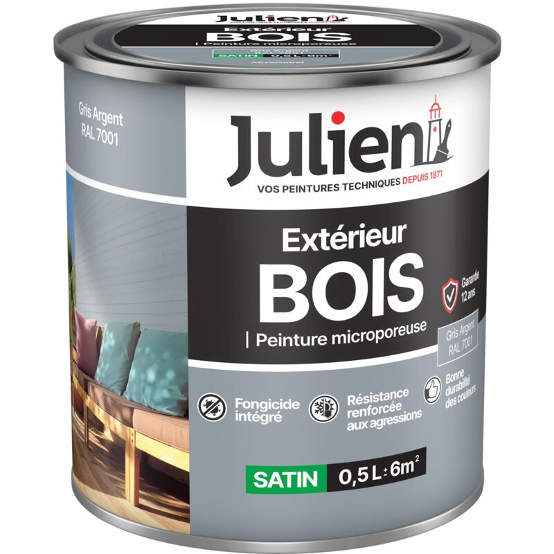 Julien - Peinture Bois Microporeux Extérieur Satin - Portes, fenêtres, portails, mobilier de jardin - Gris Argent 0,5 l