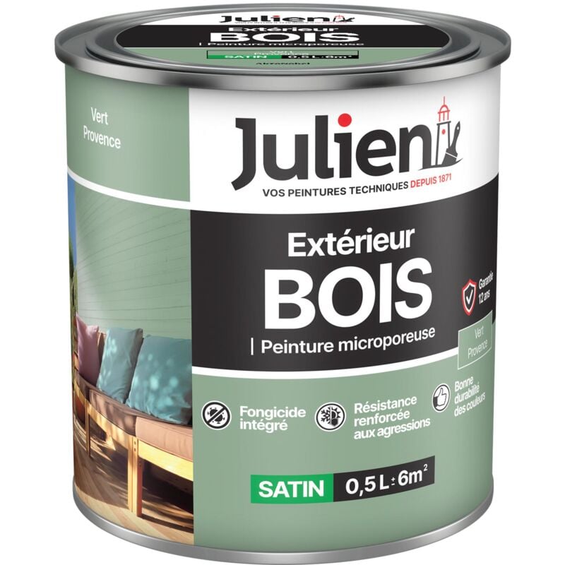 Julien - Peinture Bois Microporeux Extérieur Satin - Portes, fenêtres, portails, mobilier de jardin - Vert Provence 0,5 l