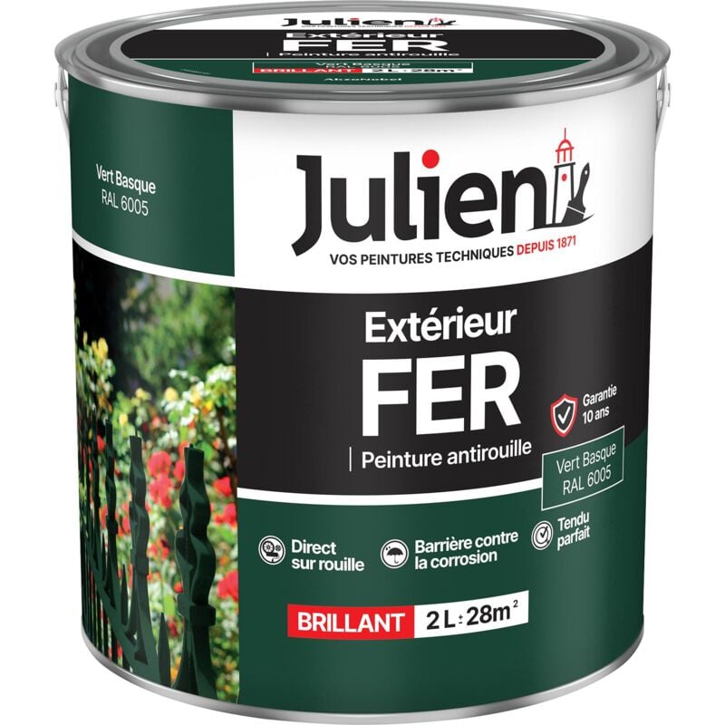Julien - Peinture Fer Anti-Rouille Brillant - Portes, grilles, portails, mobilier de jardin en métal - Vert Basque 2 l