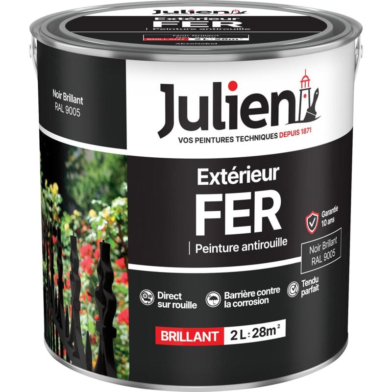 Julien - Peinture Fer Anti-Rouille Brillant - Portes, grilles, portails, mobilier de jardin en métal - Noir Brillant 2 l