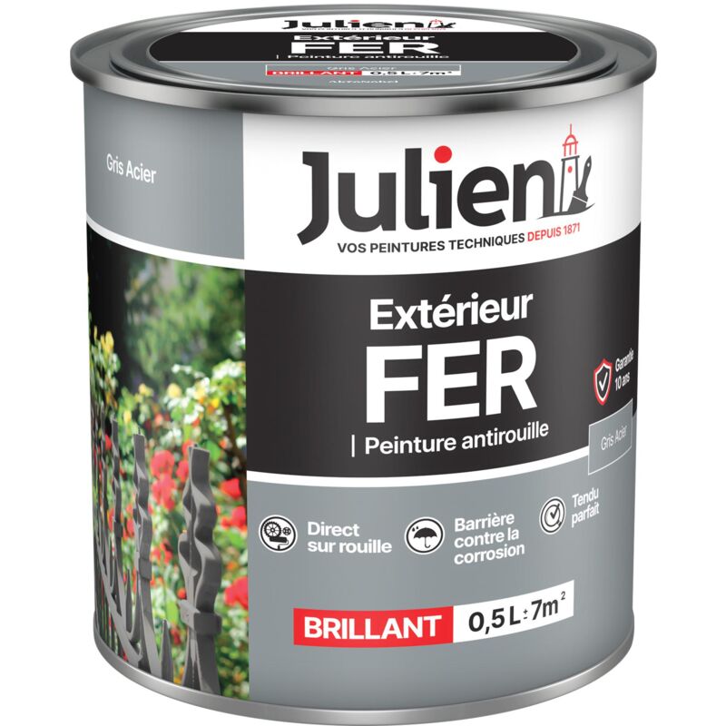 Julien - Peinture Fer Anti-Rouille Brillant - Portes, grilles, portails, mobilier de jardin en métal - Gris Acier 0,5 l