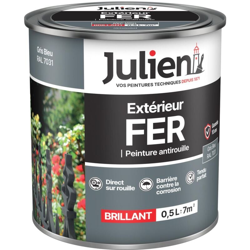 Julien - Peinture Fer Anti-Rouille Brillant - Portes, grilles, portails, mobilier de jardin en métal - Gris Bleu 0,5 l