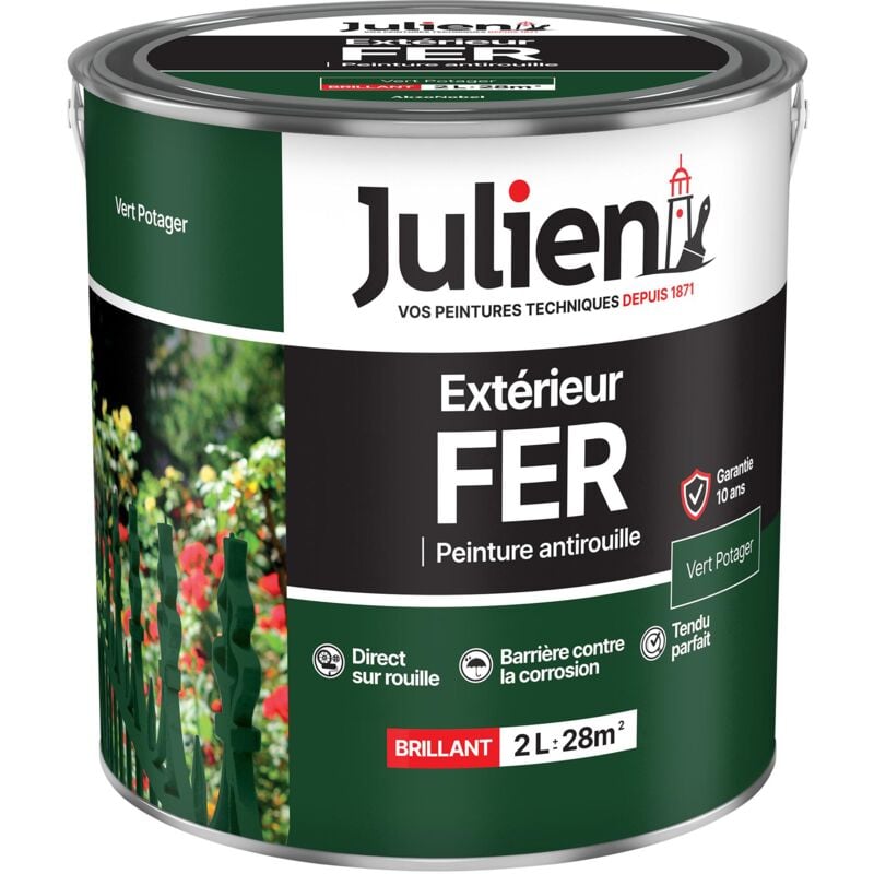 Julien - Peinture Fer Anti-Rouille Brillant - Portes, grilles, portails, mobilier de jardin en métal - Vert Potager 2 l
