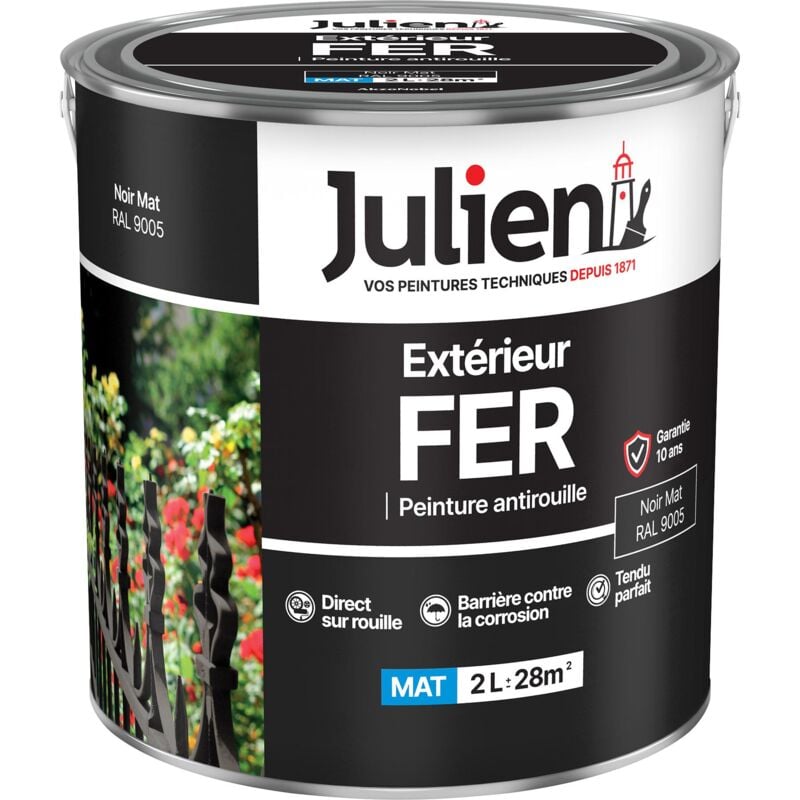 Julien Peinture Fer Anti-Rouille Mat - Portes, grilles, portails, mobilier de jardin en métal - Noir Mat 2 L