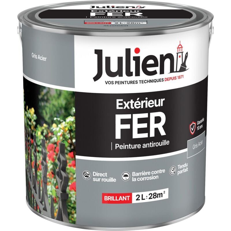 Julien - Peinture Fer Anti-Rouille Brillant - Portes, grilles, portails, mobilier de jardin en métal - Gris Acier 2 l