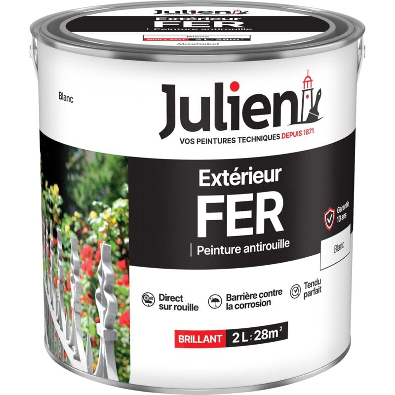 Julien - Peinture Fer Anti-Rouille Brillant - Portes, grilles, portails, mobilier de jardin en métal - Blanc 2 l