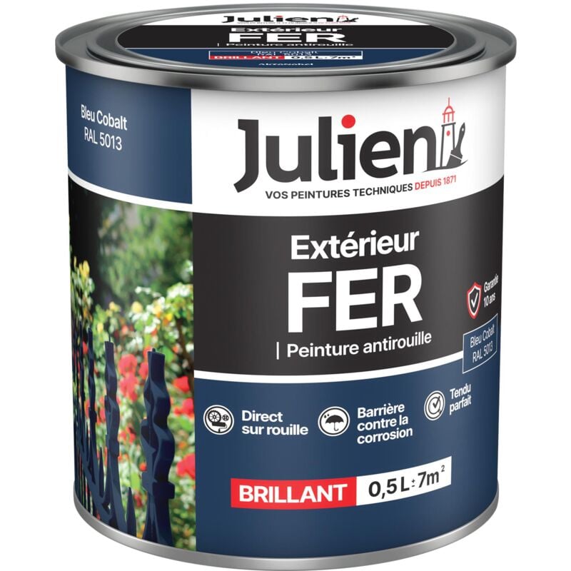 Julien Peinture Fer Anti-Rouille Brillant - Portes, grilles, portails, mobilier de jardin en métal - Bleu Cobalt 0,5 L