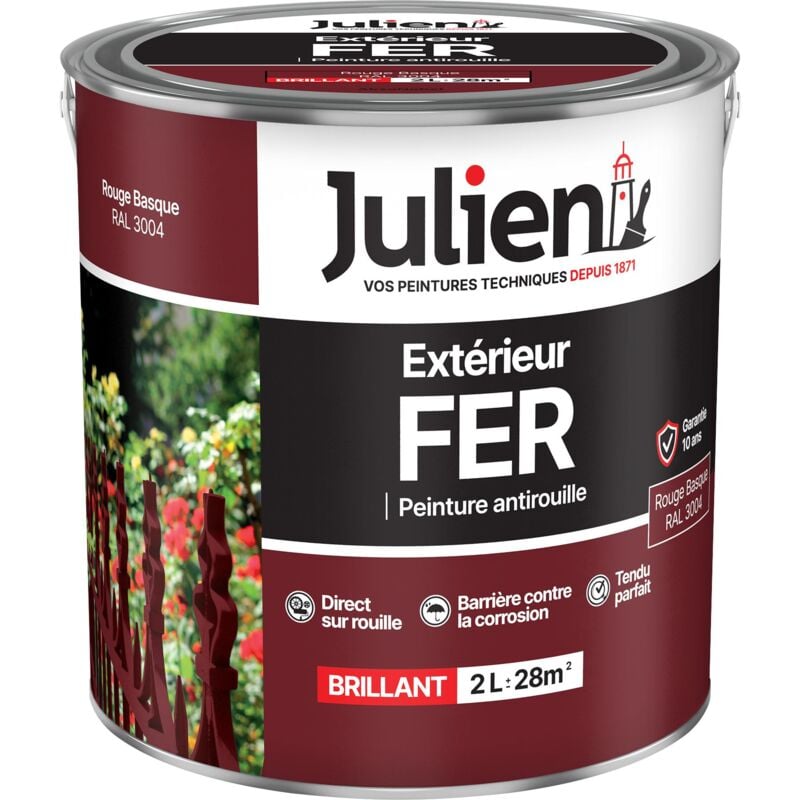 Julien - Peinture Fer Anti-Rouille Brillant - Portes, grilles, portails, mobilier de jardin en métal - Rouge Basque 2 l