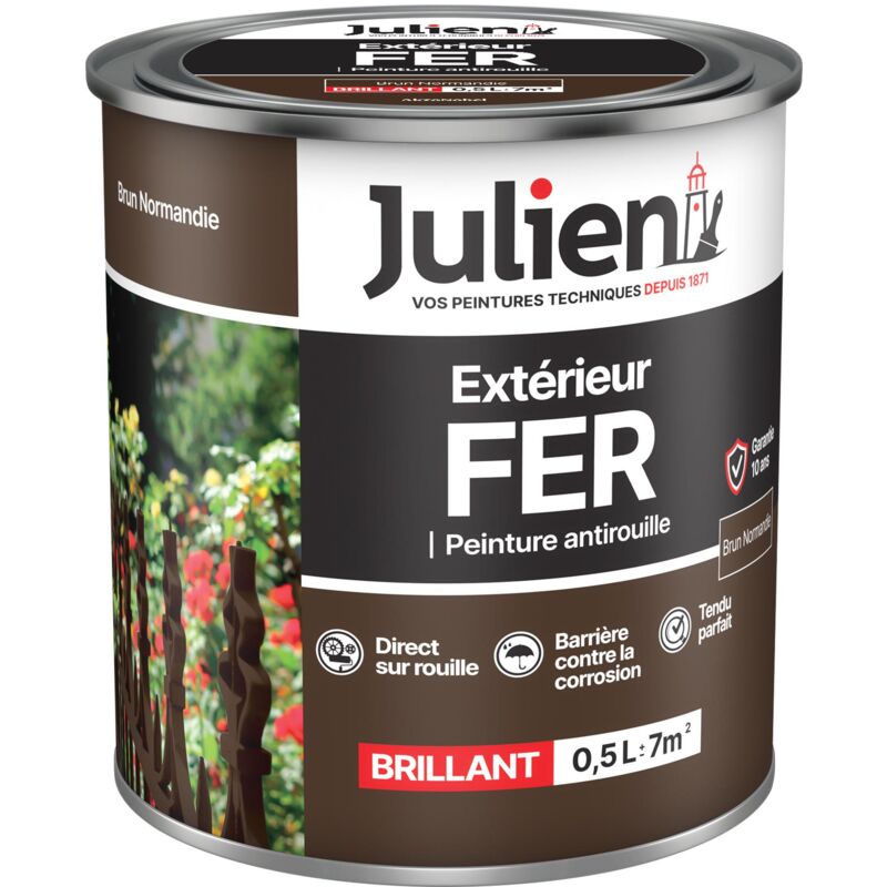 Peinture Fer Anti-Rouille Brillant - Portes, grilles, portails, mobilier de jardin en métal - Brun Normandie 0,5 l - Julien