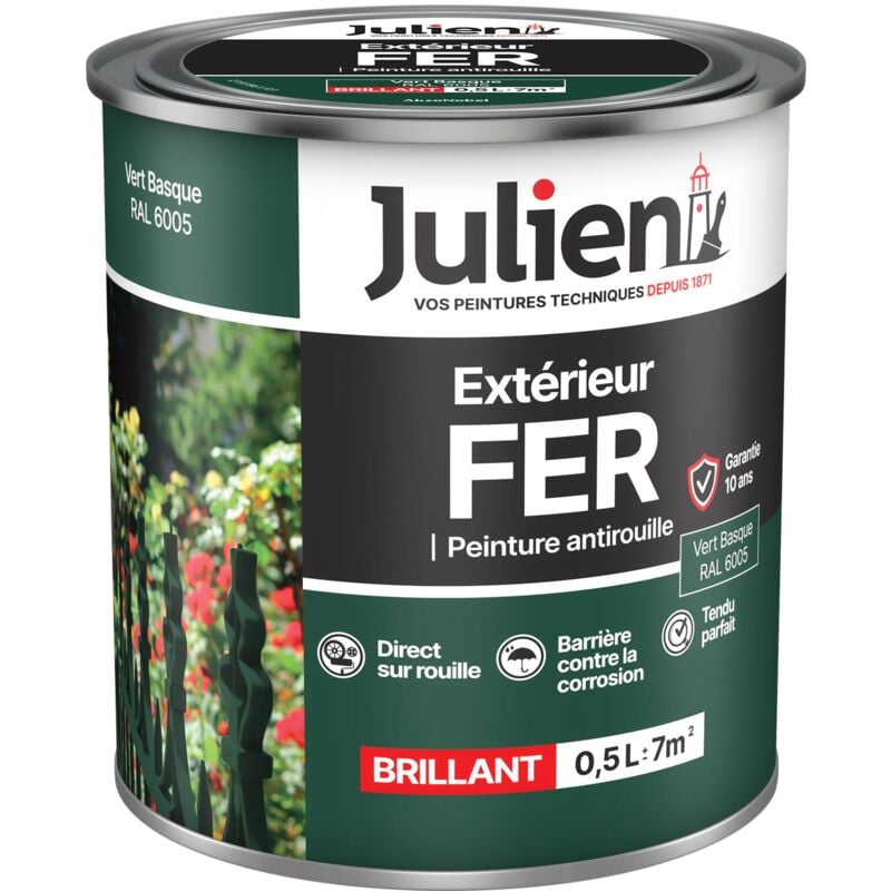 Julien - Peinture Fer Anti-Rouille Brillant - Portes, grilles, portails, mobilier de jardin en métal - Vert Basque 0,5 l