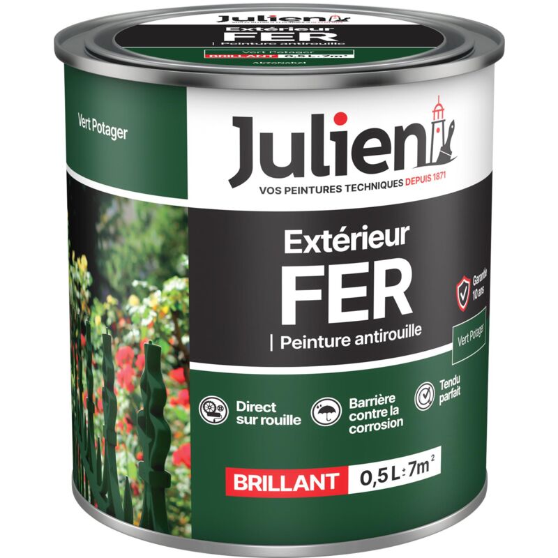 Julien - Peinture Fer Anti-Rouille Brillant - Portes, grilles, portails, mobilier de jardin en métal - Vert Potager 0,5 l