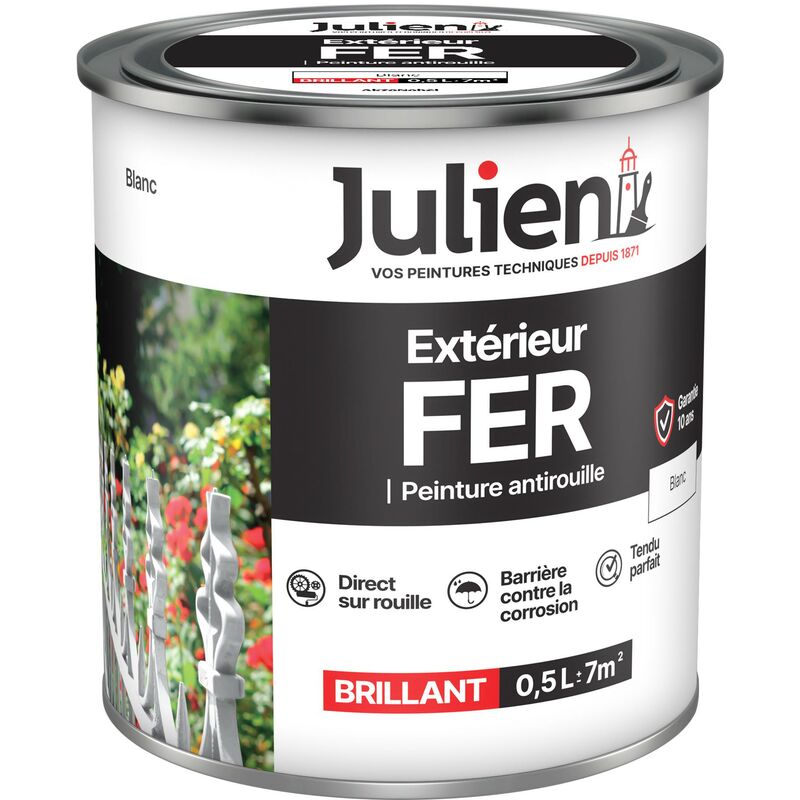 Julien - Peinture Fer Anti-Rouille Brillant - Portes, grilles, portails, mobilier de jardin en métal - Blanc 0,5 l