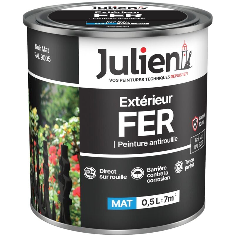 Julien - Peinture Fer Anti-Rouille Mat - Portes, grilles, portails, mobilier de jardin en métal - Noir Mat 0,5 l