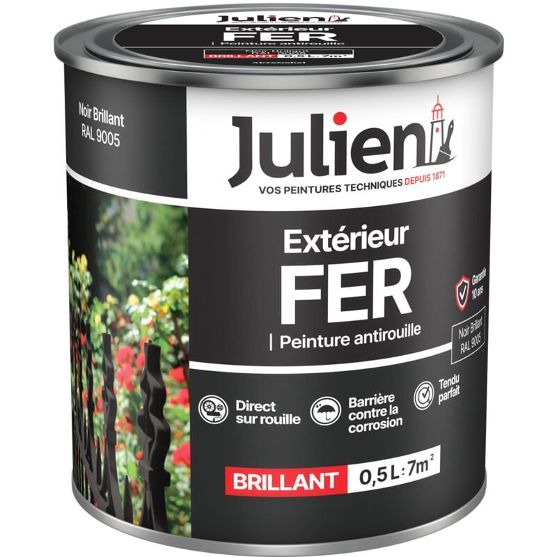 Julien - Peinture Fer Anti-Rouille Brillant - Portes, grilles, portails, mobilier de jardin en métal - Noir Brillant 0,5 l
