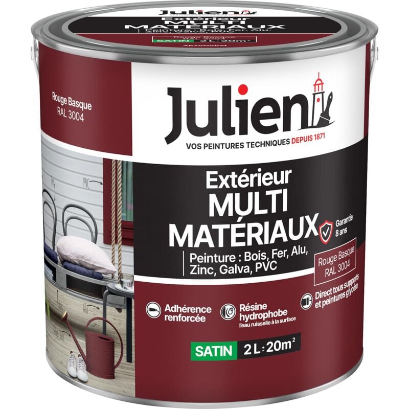 Julien - Peinture Multi-Matériaux Satin en phase Aqueuse - Bois, Fer, Alu, pvc, Zinc, Acier galvanisé, brut ou peint - Rouge Basque 2 l