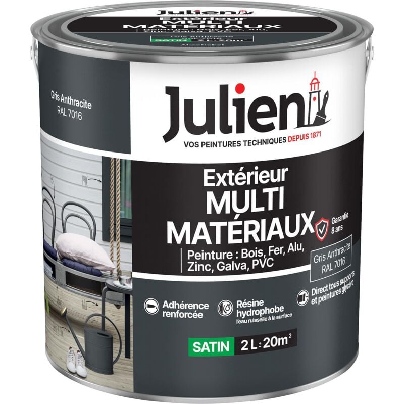 Julien - Peinture Multi-Matériaux Satin en phase Aqueuse - Bois, Fer, Alu, pvc, Zinc, Acier galvanisé, brut ou peint - Gris Anthraracite 2 l