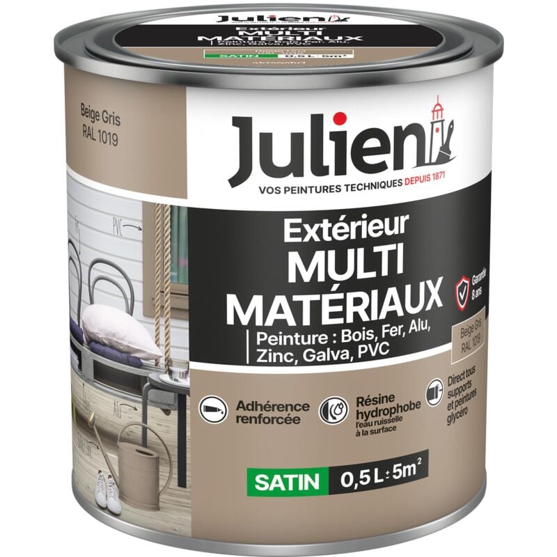 Julien - Peinture Multi-Matériaux Satin en phase Aqueuse - Bois, Fer, Alu, pvc, Zinc, Acier galvanisé, brut ou peint - Beige Gris 0,5 l