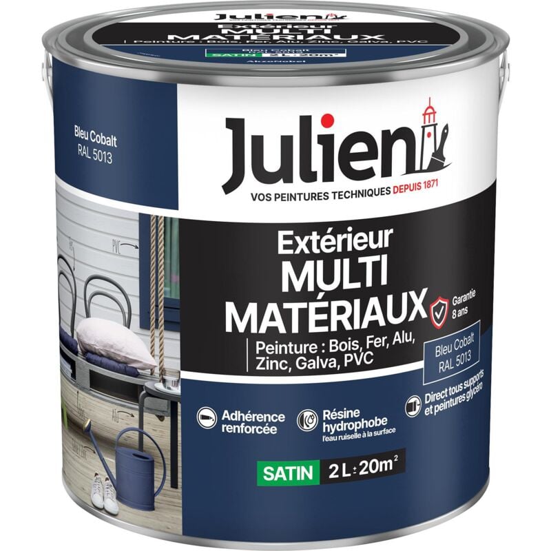 Julien - Peinture Multi-Matériaux Satin en phase Aqueuse - Bois, Fer, Alu, pvc, Zinc, Acier galvanisé, brut ou peint - Bleu Cobalt 2 l