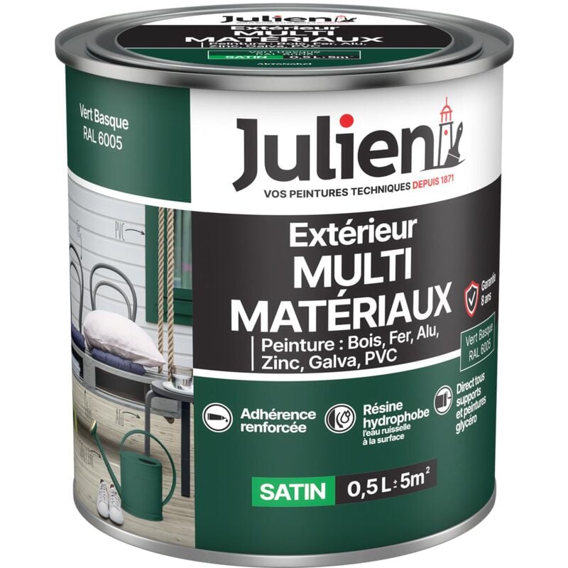 Julien - Peinture Multi-Matériaux Satin en phase Aqueuse - Bois, Fer, Alu, pvc, Zinc, Acier galvanisé, brut ou peint - Vert Basque 0,5 l